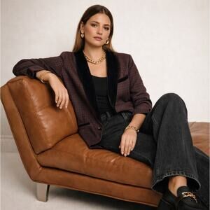 FREE PEOPLE Velvet Trim Double Breast Plaid Blazer Purple Black Sz L $148 {P35}